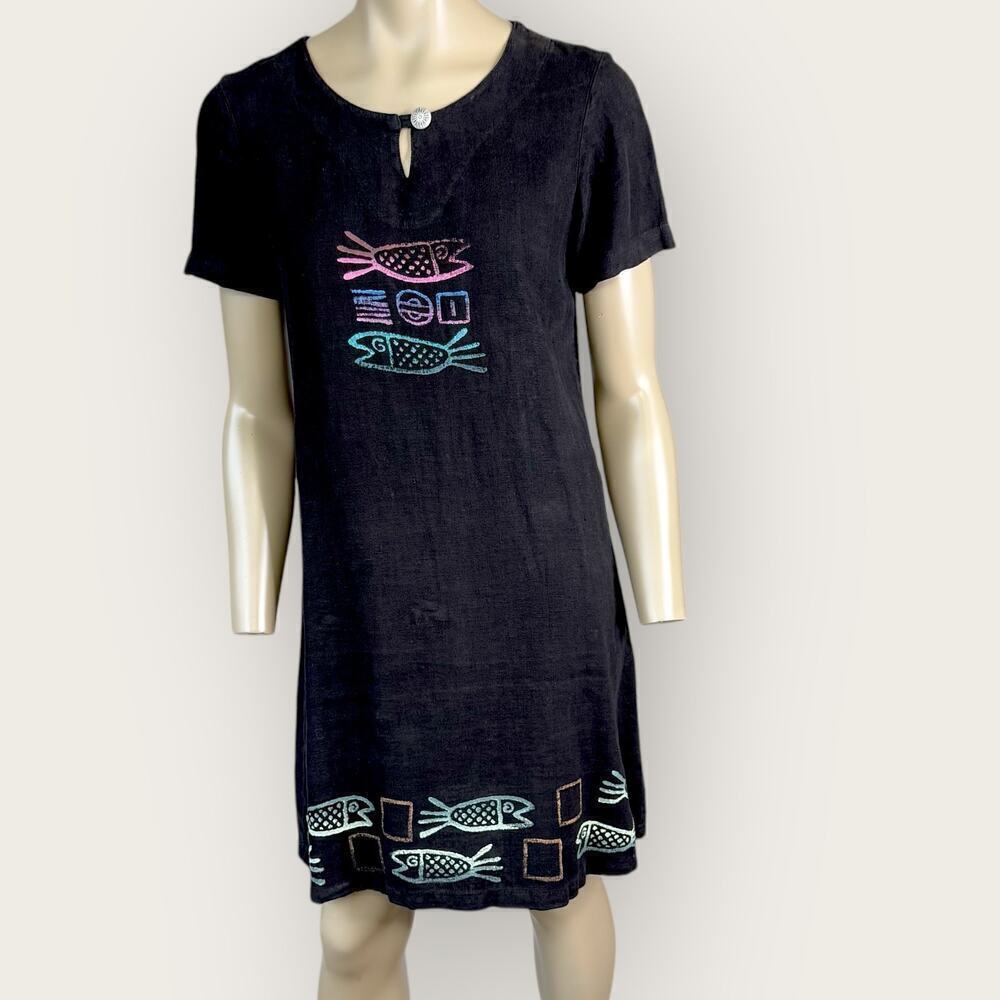 Blue Cactus Vintage 100% Linen Short Sleeve Hand Paint Shift Dress Size PS Black